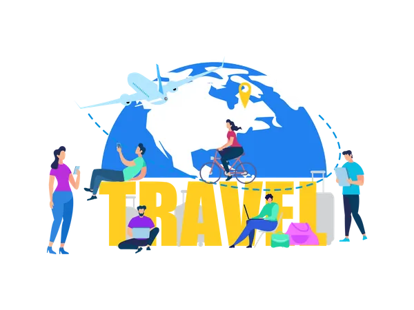Traveling People, Tourists Buying Airline Tickets Online, Booking Hotel Room in Internet, Searching Destinations Illustration