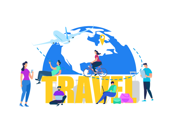 Traveling People, Tourists Buying Airline Tickets Online, Booking Hotel Room in Internet, Searching Destinations  Illustration