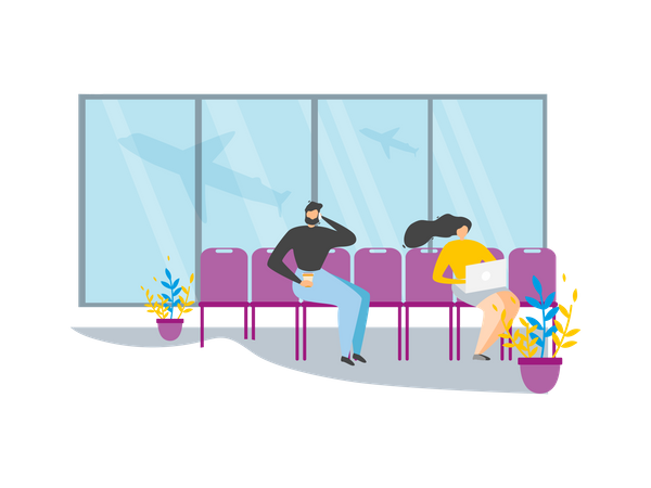 Traveling People Waiting for Flight in Airport Lounge  Illustration