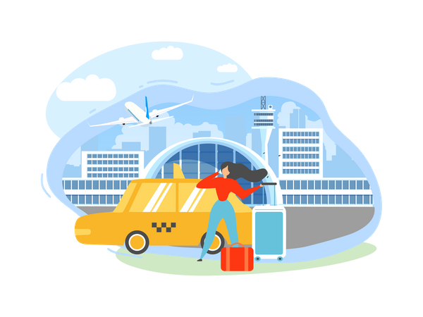 Traveling with Baggage Woman Calling Taxi After Arriving to Airport Terminal  Illustration