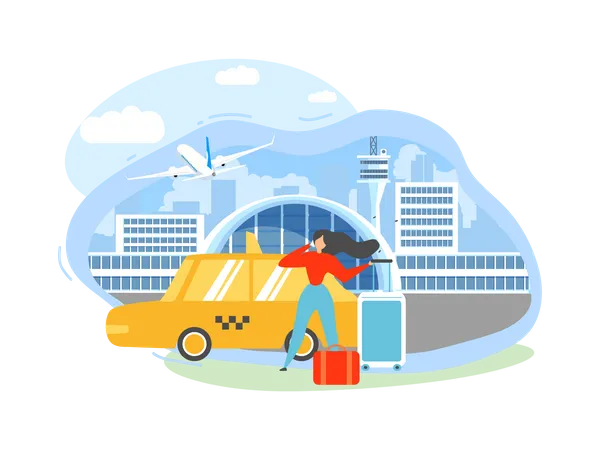 Traveling with Baggage Woman Calling Taxi After Arriving to Airport Terminal  Illustration