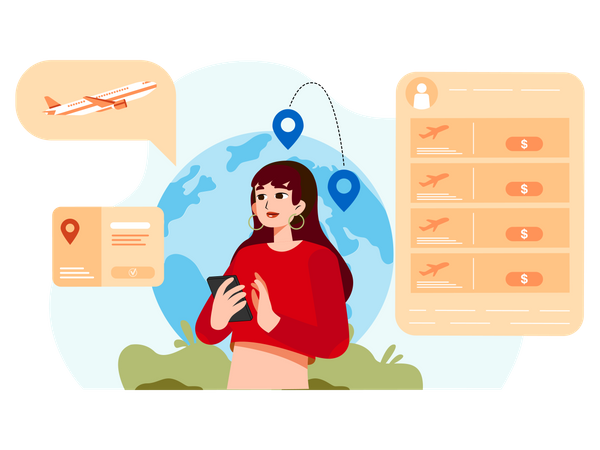 Traveling woman searching flight schedule for International travel Illustration