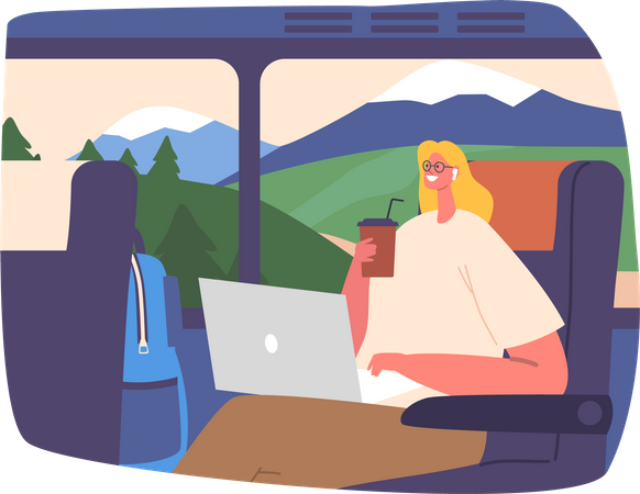 Traveling Woman Uses Her Laptop On A Bus Illustration
