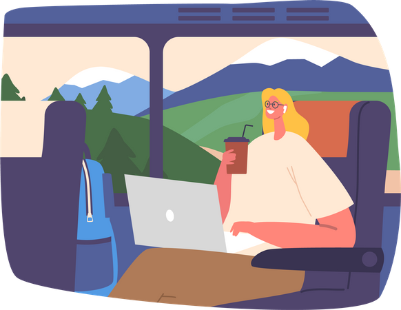 Traveling Woman Uses Her Laptop On A Bus  イラスト