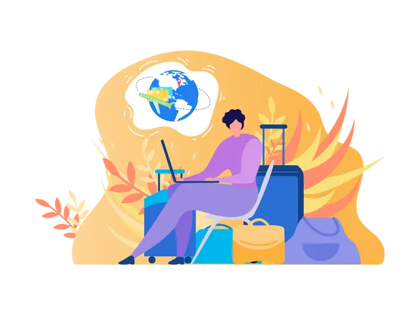 Traveling Woman Using Laptop for Booking Airline Tickets Online, Searching Flights, Reserving Hotel on Internet Illustration