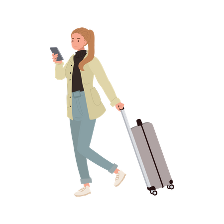 Traveling Woman with Carry On Luggage Using Smartphone  Illustration