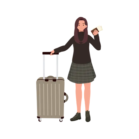 Traveling Woman with Luggage and Boarding Pass  Illustration