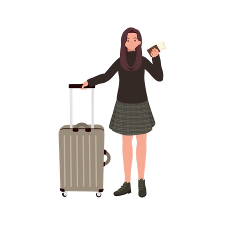 Traveling Woman with Luggage and Boarding Pass  Illustration