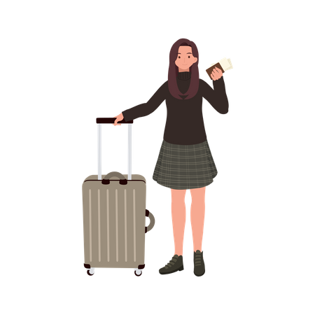 Traveling Woman with Luggage and Boarding Pass  일러스트레이션