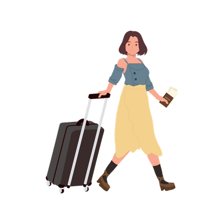 Traveling Woman with Luggage and passport  イラスト