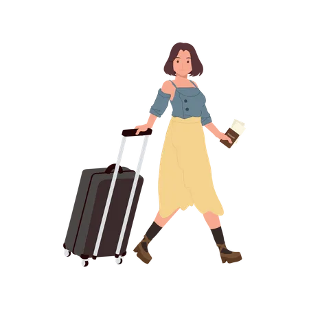 Vacation Concept Traveling Woman With Luggage Passport And Boarding Pass イラスト
