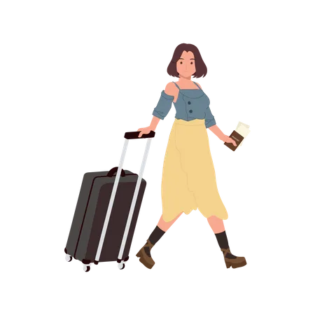 Traveling Woman with Luggage and passport  Illustration