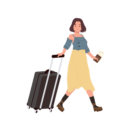 Traveling Woman with Luggage and passport  일러스트레이션