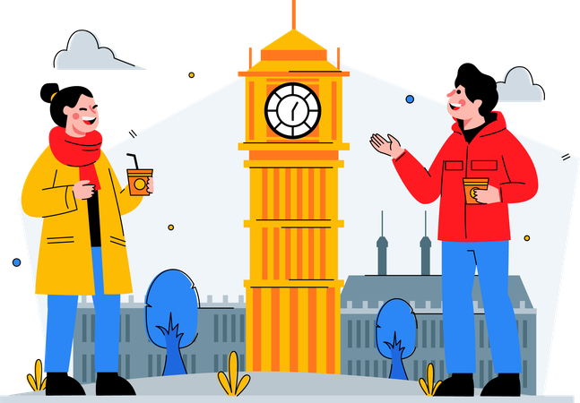 Traveller couple enjoying London clock  Illustration