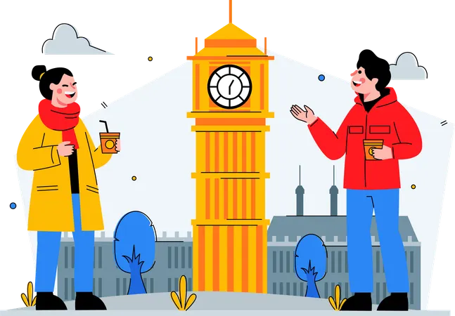 Traveller couple enjoying London clock  Illustration
