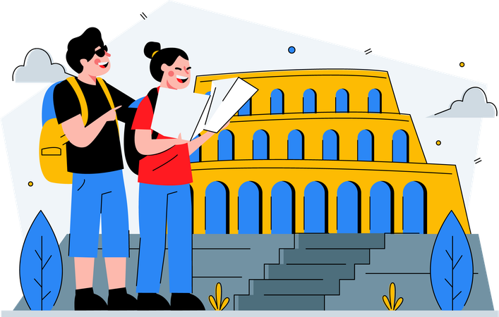 Traveller couple enjoying the colosseum  Illustration