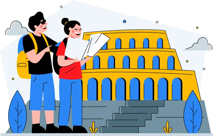 Traveller couple enjoying the colosseum  Illustration