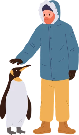 Traveller petting polar penguin  Illustration