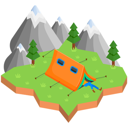 Traveller setting up a tent in a remote location  Illustration