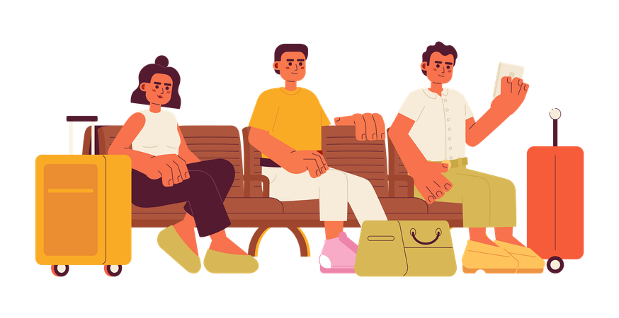 Travellers sitting on bench with suitcases  Illustration