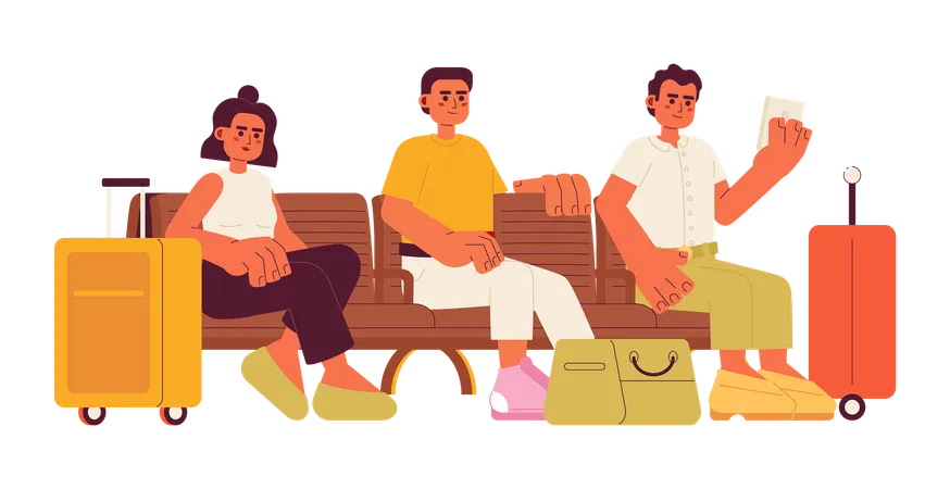 Travelers With Suitcases Semi Flat Color Vector Character Editable Full Body People Sitting On Wooden Bench And Waiting On White Simple Cartoon Spot Illustration For Web Graphic Design Illustration