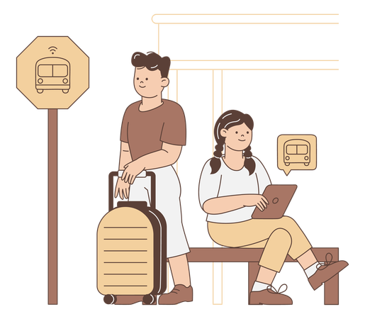 Travellers waiting for bus at bus stop  Illustration