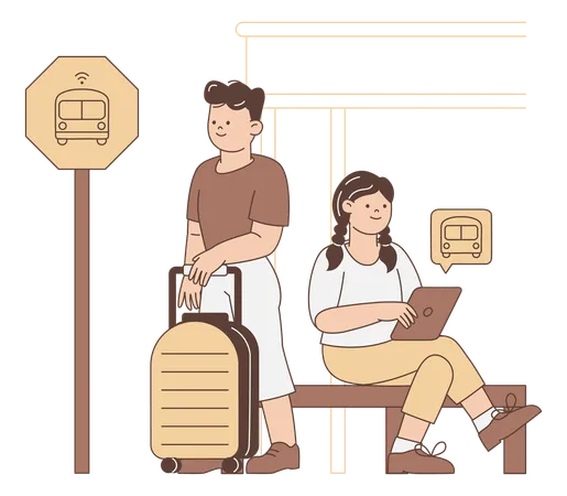 Travellers waiting for bus at bus stop  Illustration