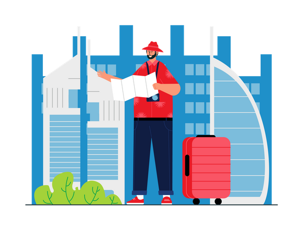 Travelling man looking in map  Illustration