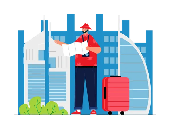 Travelling man looking in map  Illustration