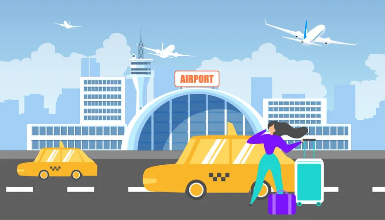 Travelling to Airport with Taxi Service  Illustration