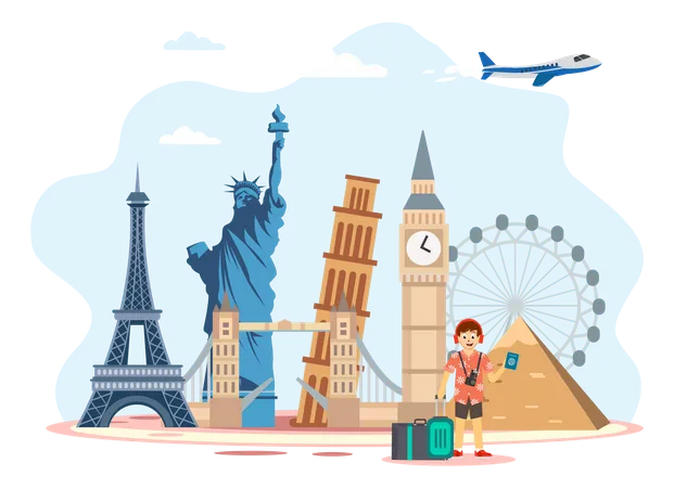 Vacation Vector Concept Young Man With Bag For Holiday To Travel And Landmarks Of The World Flat Vector Illustration