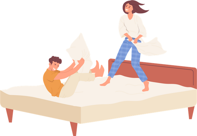 Homem feliz e mulher brigando com travesseiros na cama  Ilustração