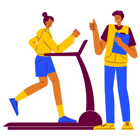 Treadmill exercise with fitness trainer  Illustration
