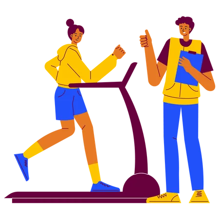 Treadmill exercise with fitness trainer  Illustration