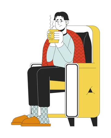Treating Flu At Home Line Cartoon Flat Illustration Asian Sick Man Drinking Tea In Armchair 2 D Lineart Character Isolated On White Background Warming Up Staying Hydrated Scene Vector Color Image Illustration