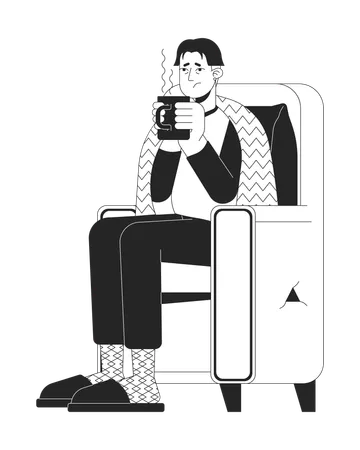 Treating Flu At Home Black And White Cartoon Flat Illustration Asian Sick Man Drinking Tea In Armchair 2 D Lineart Character Isolated Warming Up Stay Hydrated Monochrome Scene Vector Outline Image Illustration