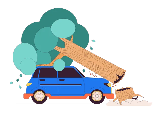 Tree Falling Down Onto Car Line Cartoon Flat Illustration Auto Damaged By Plant Trunk 2 D Lineart Objects Isolated On White Background Road Accident At Stormy Weather Scene Vector Color Image Illustration