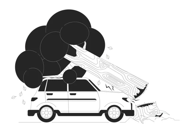 Tree Falling Down Onto Car Black And White Cartoon Flat Illustration Auto Damaged By Plant Trunk 2 D Lineart Characters Isolated Road Accident At Stormy Weather Monochrome Scene Vector Outline Image Illustration