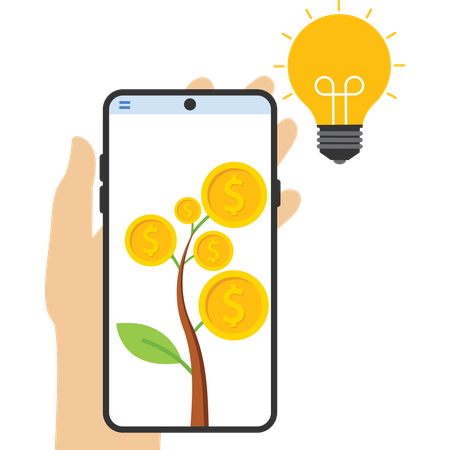 Tree of money from bulb idea in mobile  Illustration