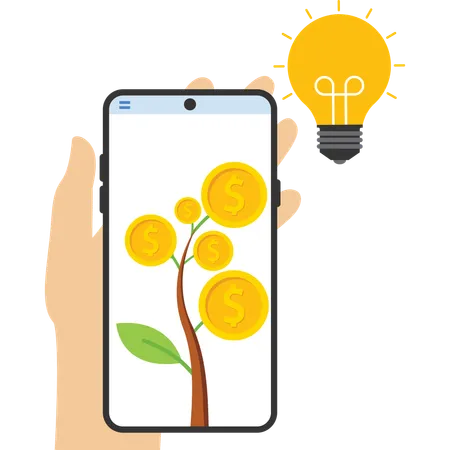 Tree of money from bulb idea in mobile  Illustration