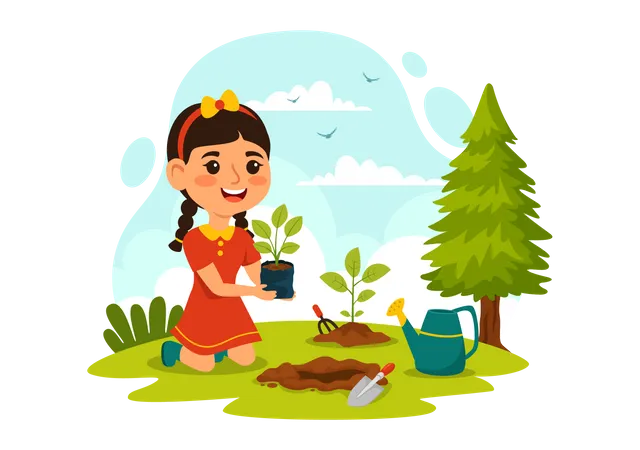 Planting Plants Vector Illustration With People Enjoy Gardening Plant Watering Or Digging In The Garden In Flat Kids Cartoon Background Design Illustration