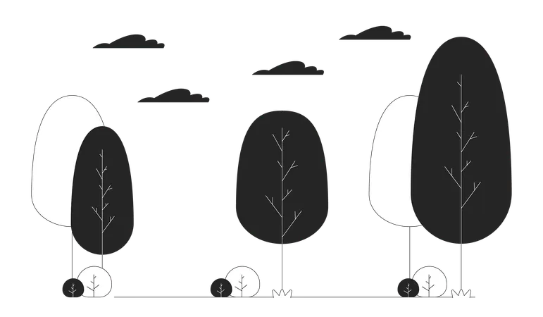 Trees And Bushes In Park Line Black And White Line Illustration Young Forest On Summer Day 2 D Lineart Objects Isolated Travelling To Nature For Relaxation Monochrome Scene Vector Outline Image Illustration