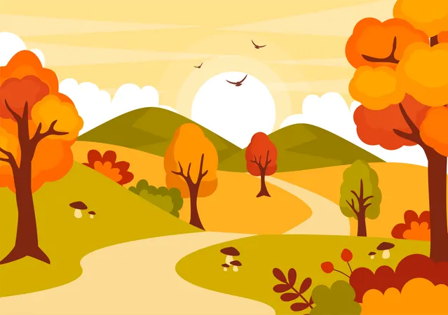 Autumn Landscape Background Vector Illustration With Mountains Fields Trees And Fall Leaves In Flat Cartoon Natural Season Panorama Templates Illustration