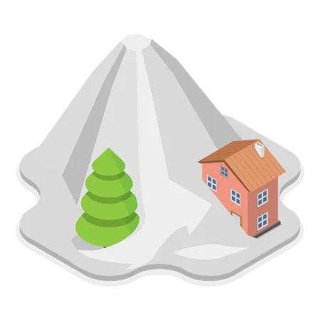 Trees and houses are damaged by land sliding  Illustration