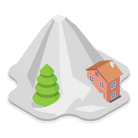 Trees and houses are damaged by land sliding  Illustration