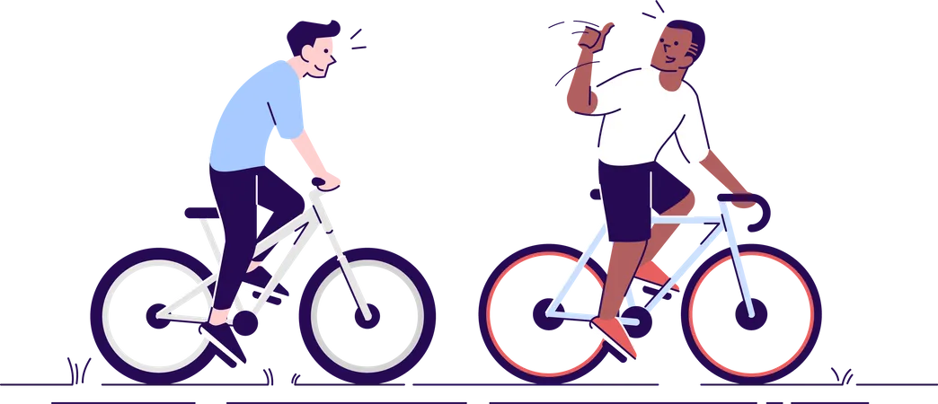 Vizinhos Em Bicicletas Ilustracao Vetorial Plana Treinador Apoiando Ciclista Amigos Colegas Gostam De Andar De Bicicleta Juntos Personagens De Desenhos Animados Isolados Com Elementos De Contorno Em Fundo Branco Ilustração