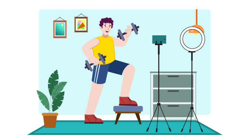 Instrutor de fitness fazendo streaming de vídeo  Ilustração