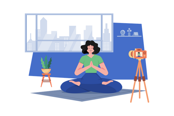 Treinadora de ioga feminina fazendo streaming on-line  Ilustração