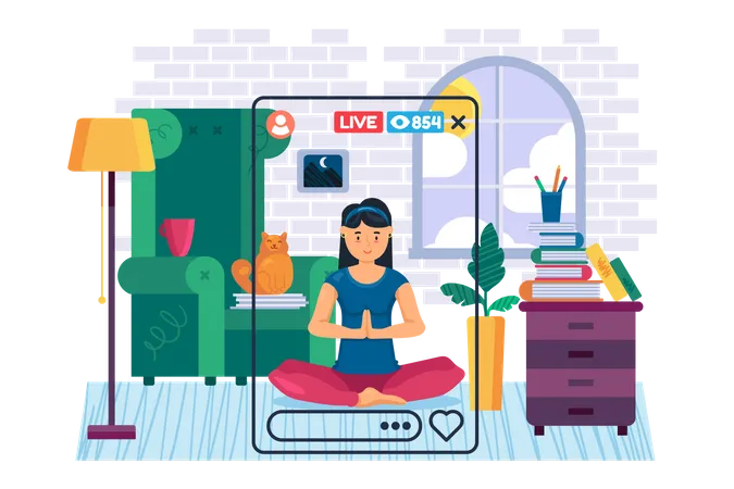 Treinadora de Yoga feminina fazendo transmissão ao vivo nas redes sociais  Ilustração