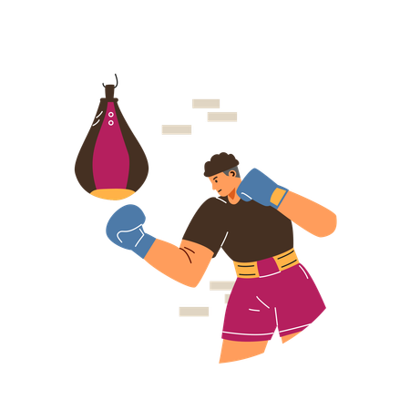 Boxeador masculino treinando com saco de pancadas  Illustration